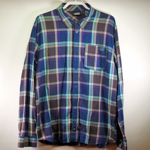Vintage Y2K Vans Mens Button Up‎ Shirt Blue XL Long Sleeve Purple Madras Plaid - Picture 1 of 16